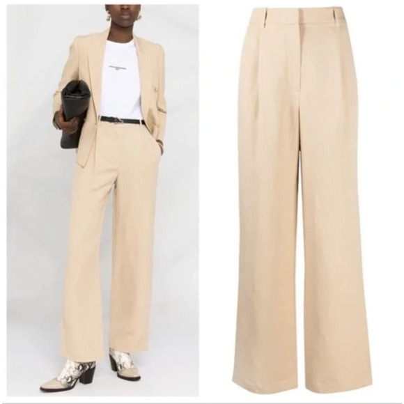 Nili Lotan 2 Dayton $675 Linen Silk Pants High Rise Wide Leg Trouser Pleated Tan